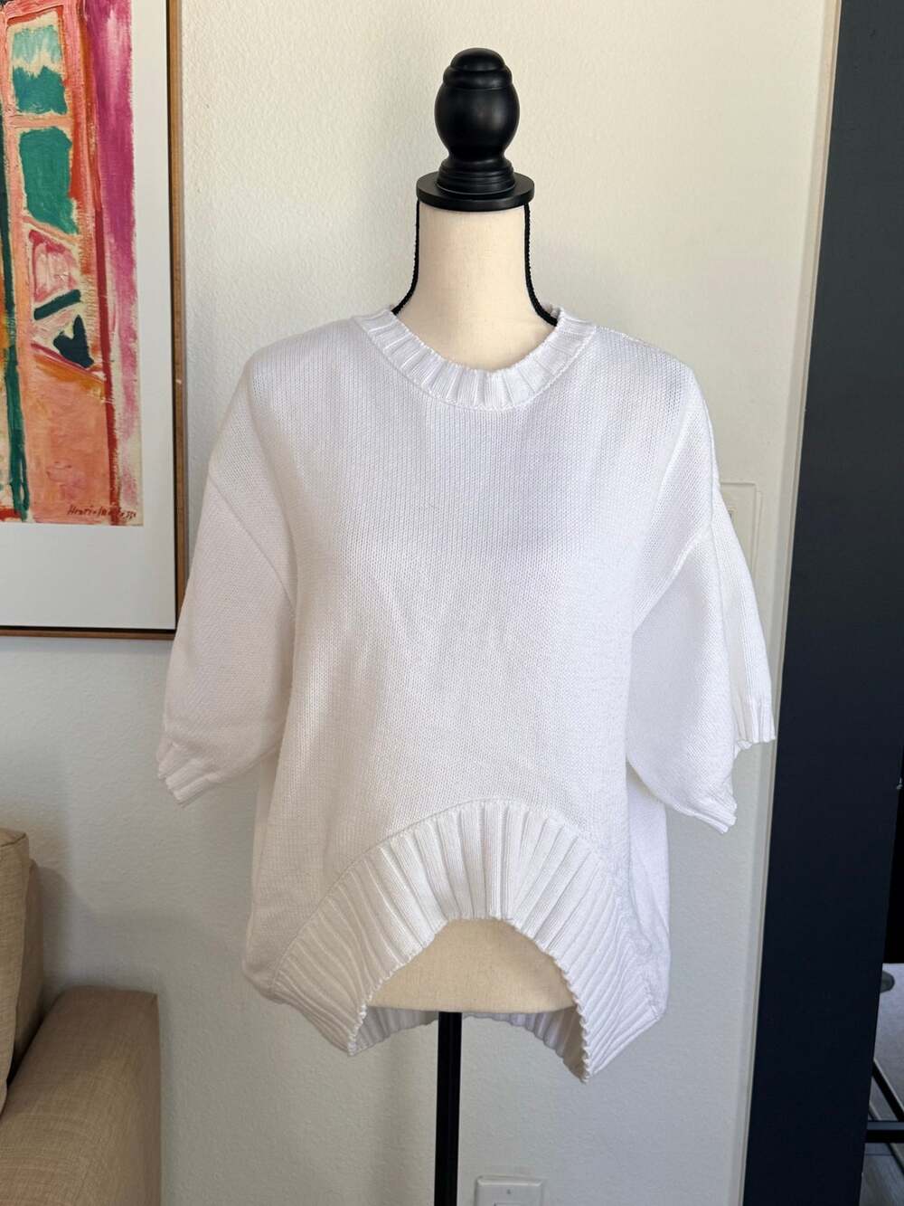 Zara White Asymmetric Hem Short Sleeve Knit Jumper Size S